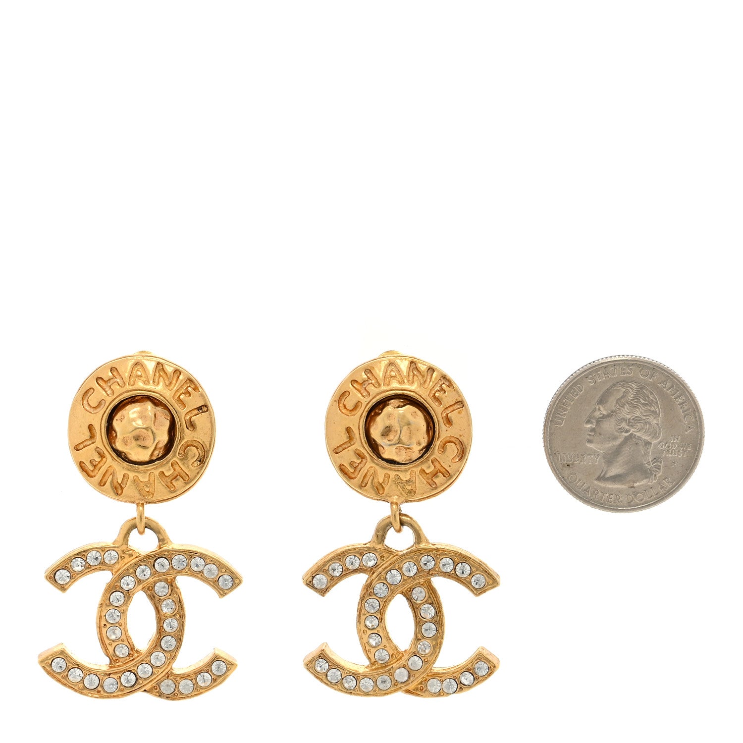 Chanel Crystal CC Logo Drop Clip On Earrings Gold 2 of 4