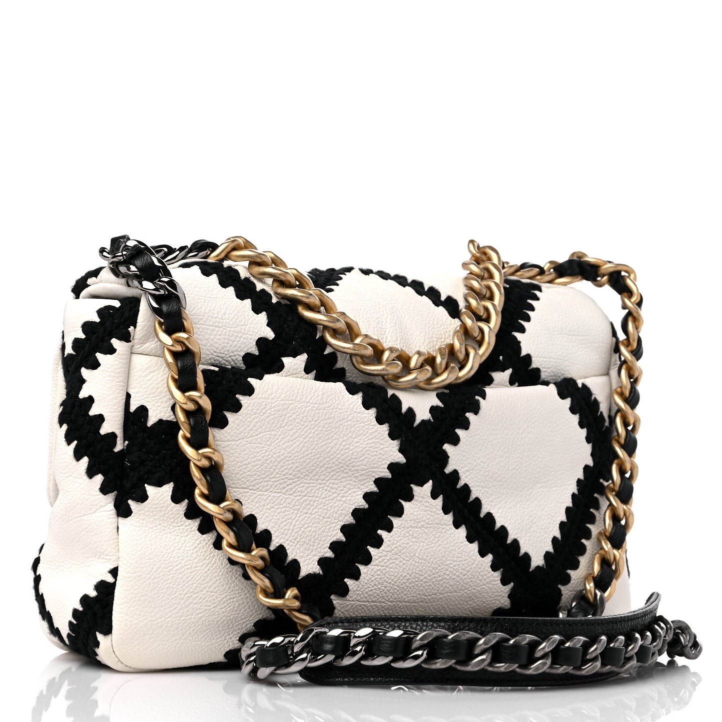 Calfskin Crochet Medium Chanel 19 Flap White Black