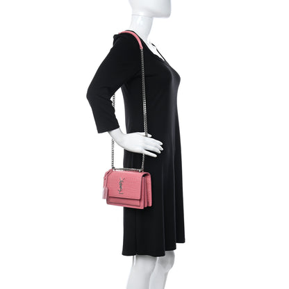 Saint Laurent Calfskin Crocodile Embossed Small Monogram Sunset Pink 2 of 11