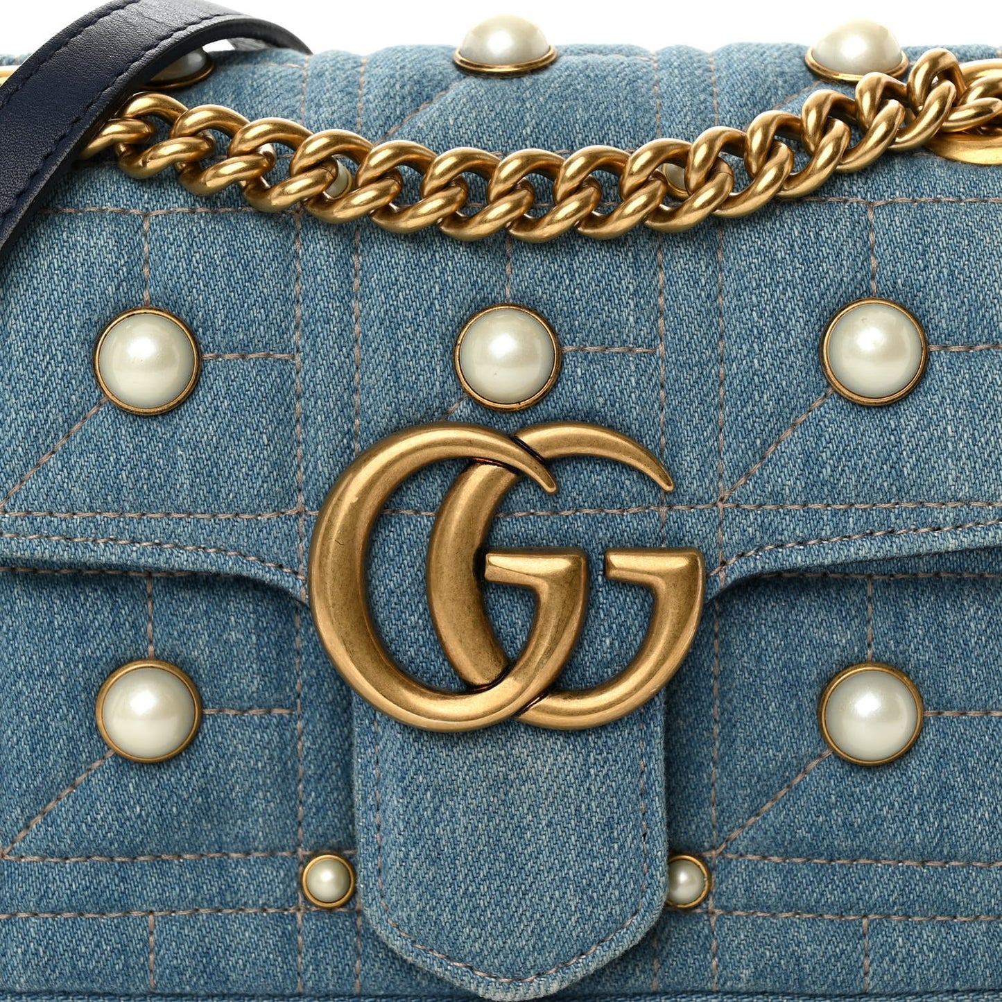 Denim Matelasse Pearl Studded Mini GG Marmont Shoulder Bag Blue
