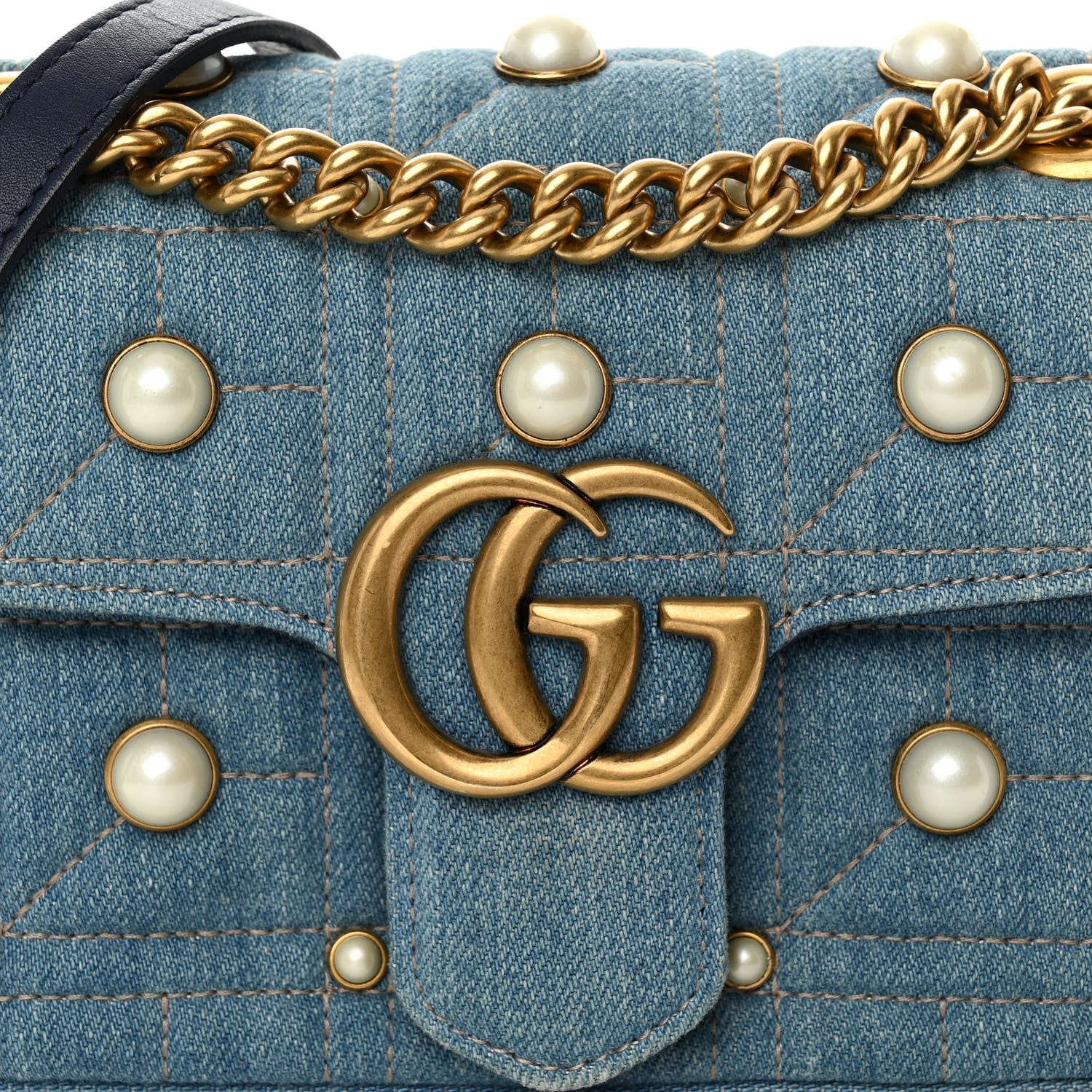 Gucci Denim Matelasse Pearl Studded Mini GG Marmont Shoulder Bag Blue 8 of 11