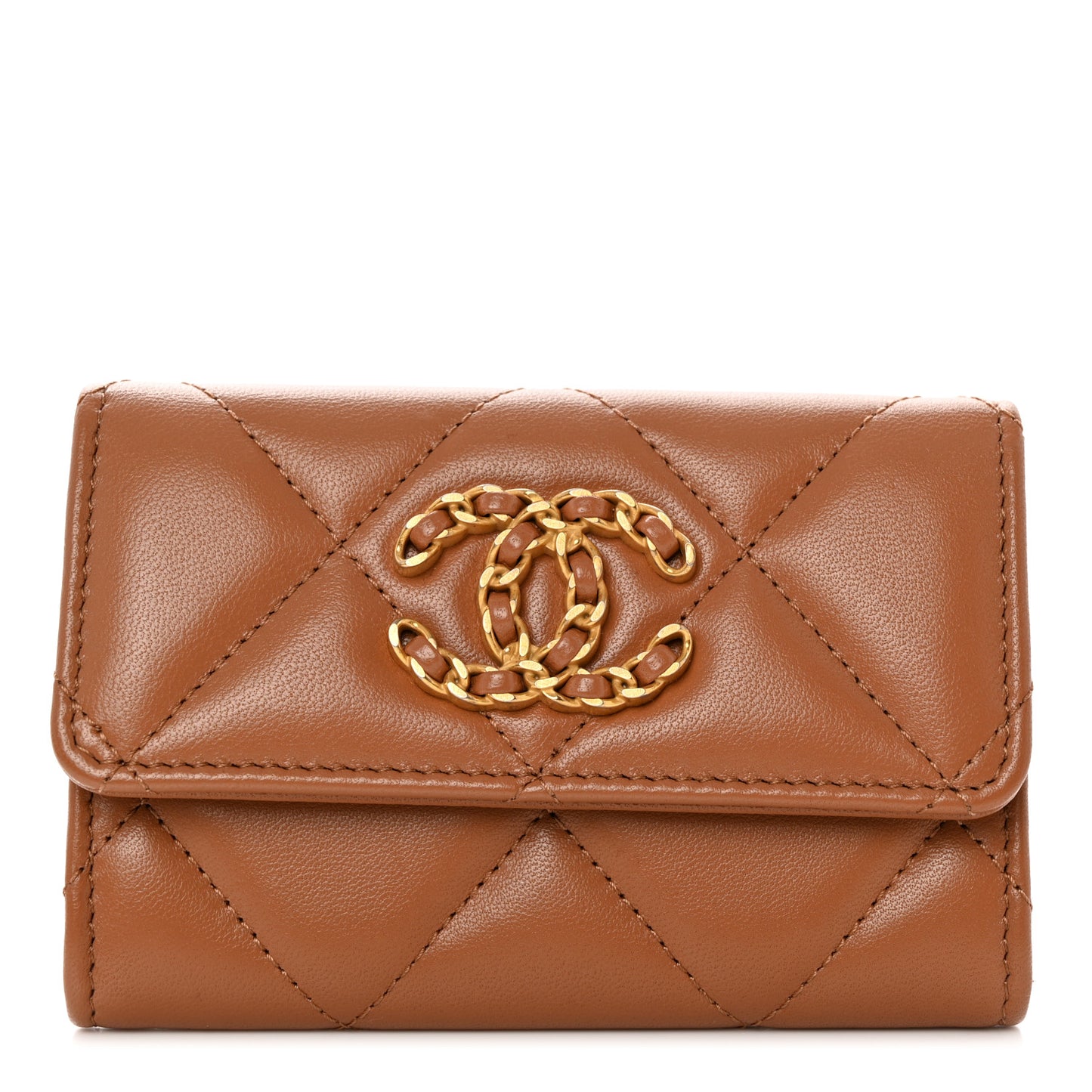 Shiny Goatskin Quilted Chanel 19 Flap Card Holder Brown