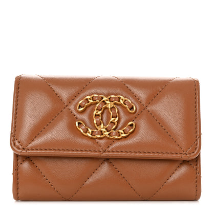 Chanel Shiny Goatskin Quilted Chanel 19 Flap Card Holder Brown 1 of 8