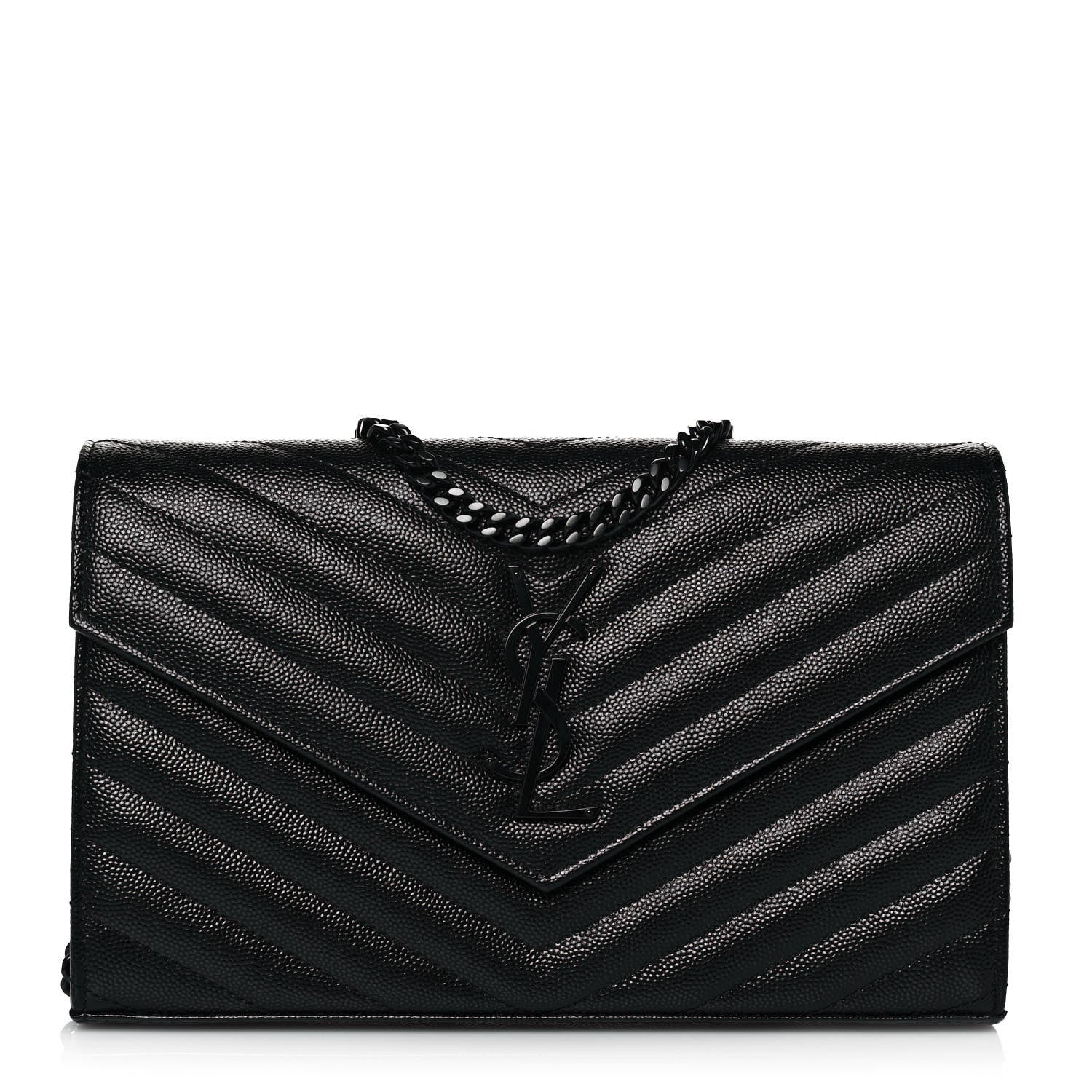 Saint Laurent Grain De Poudre Matelasse Chevron Monogram Chain Wallet Black 1 of 12