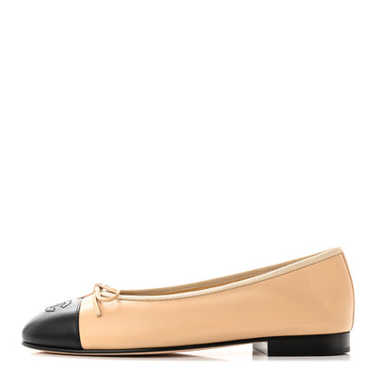 Chanel Lambskin Cap Toe CC Ballerina Flats 37 Beige Black 1 of 15