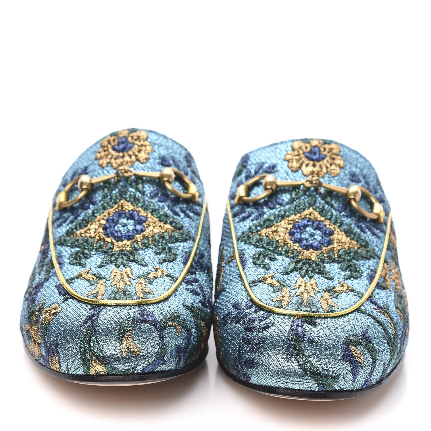Gucci Iridescent Brocade Womens Princetown Slippers 38.5 Azure Multicolor Oro 2 of 9