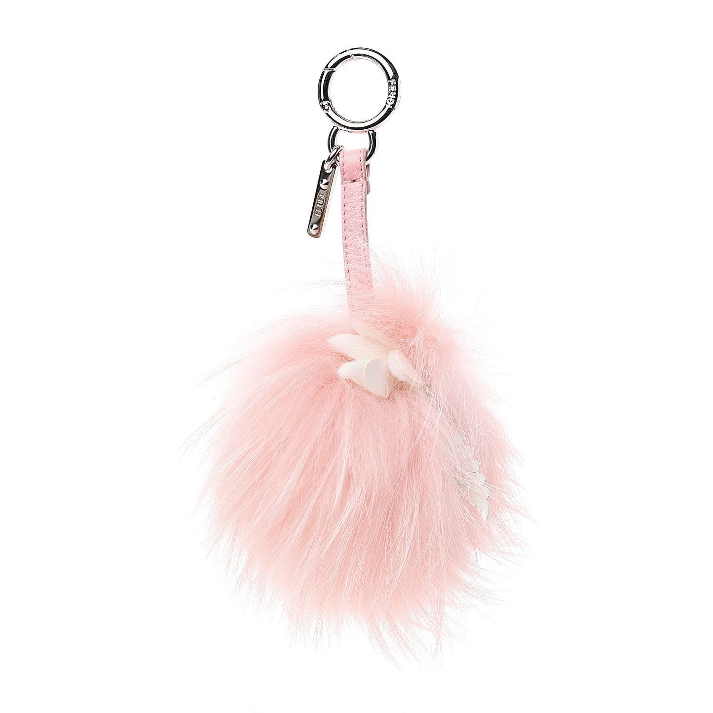 Raccoon Rabbit Fur Shiny Nappa Flower Pom Pom Bag Charm Rosa White