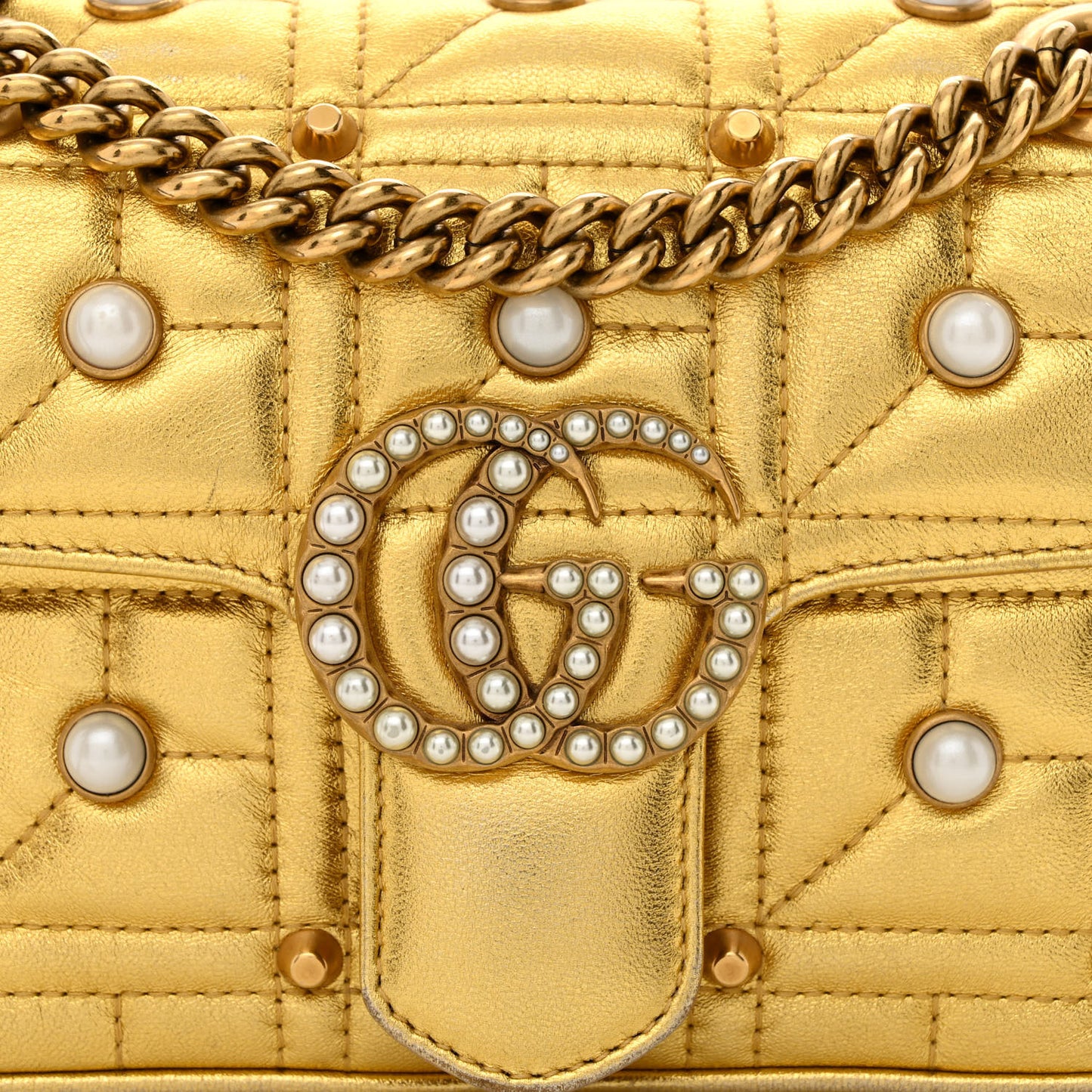 Metallic Calfskin Matelasse Studded Mini Pearly GG Marmont Shoulder Bag Gold