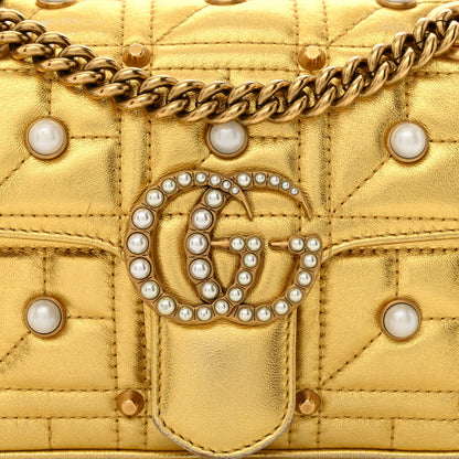 Gucci Metallic Calfskin Matelasse Studded Mini Pearly GG Marmont Shoulder Bag Gold 8 of 10