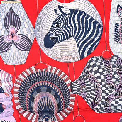 Hermes Silk Lanternes Ballons et Cocardes Scarf 90 Gris Rouge Mauve 2 of 4