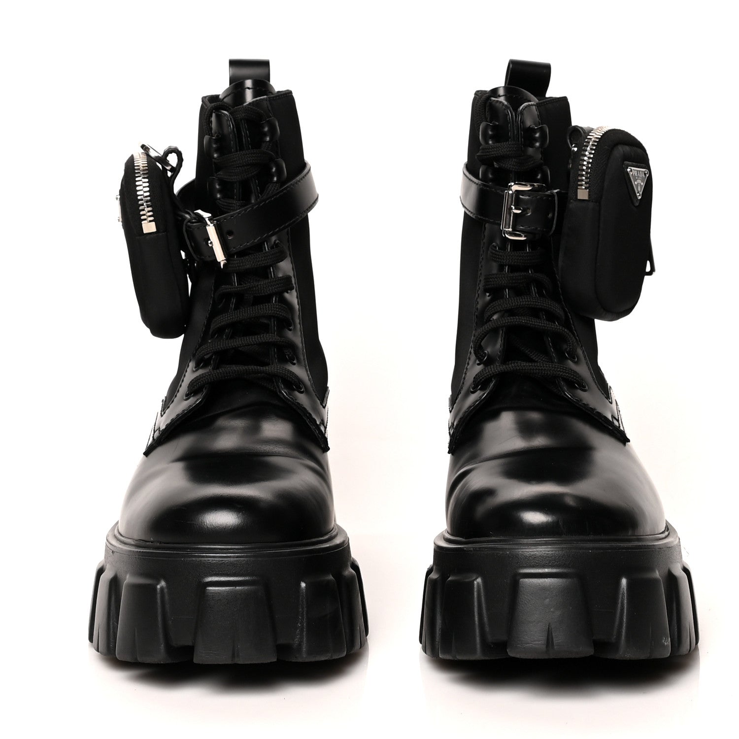 Prada Spazzolato Rois Nylon Metal Triangle Logo Monolith Pouch Pocket 55mm Boots 40 Black 2 of 9