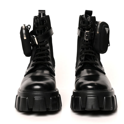 Prada Spazzolato Rois Nylon Metal Triangle Logo Monolith Pouch Pocket 55mm Boots 40 Black 2 of 9