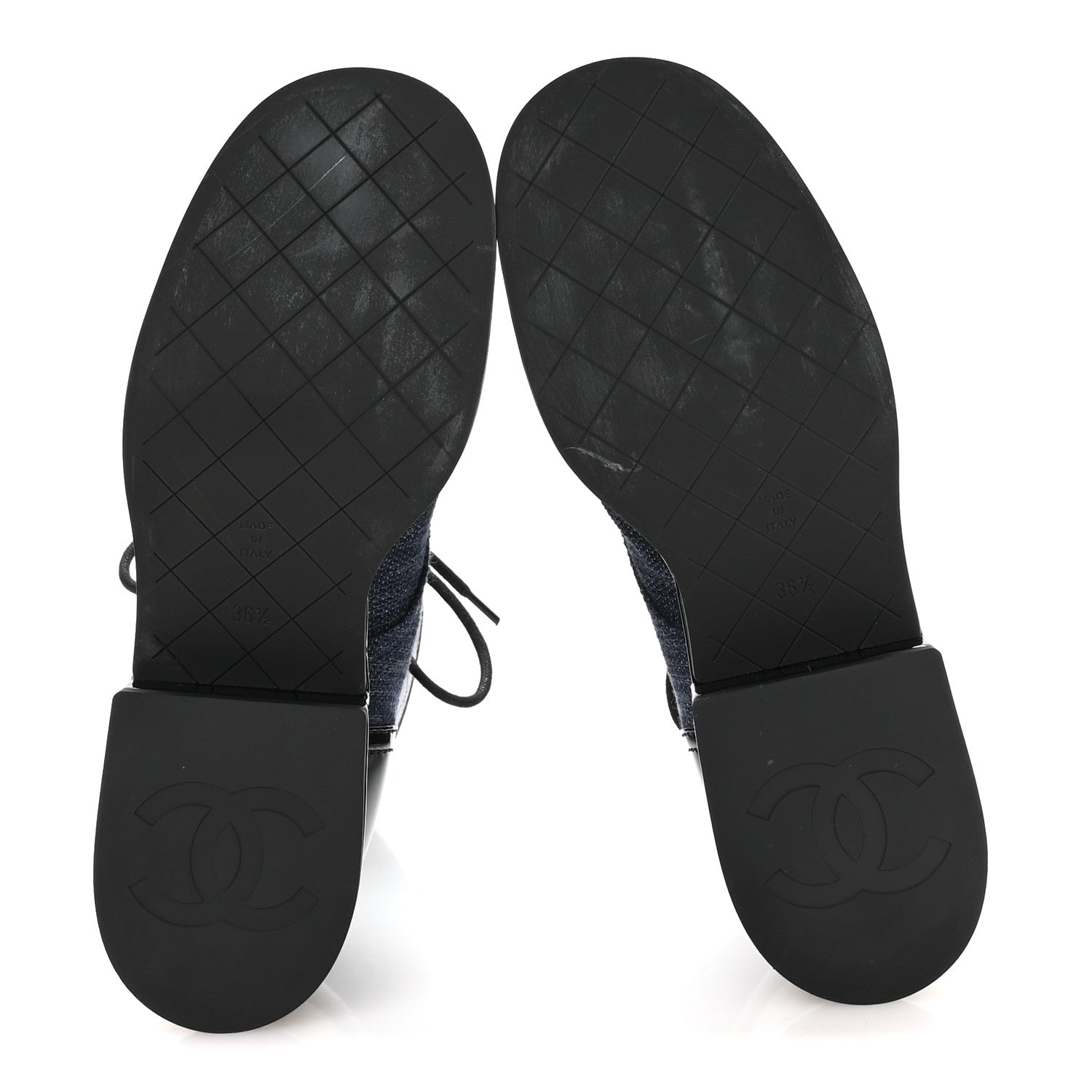 Chanel Fabric Patent Lambskin Quilted CC Lace Up Combat Boots 36.5 Navy Blue Black 6 of 9
