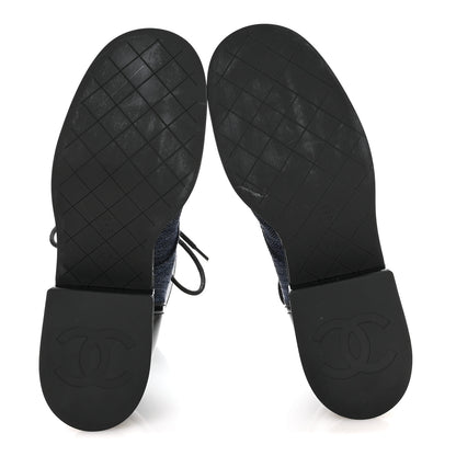 Chanel Fabric Patent Lambskin Quilted CC Lace Up Combat Boots 36.5 Navy Blue Black 6 of 9