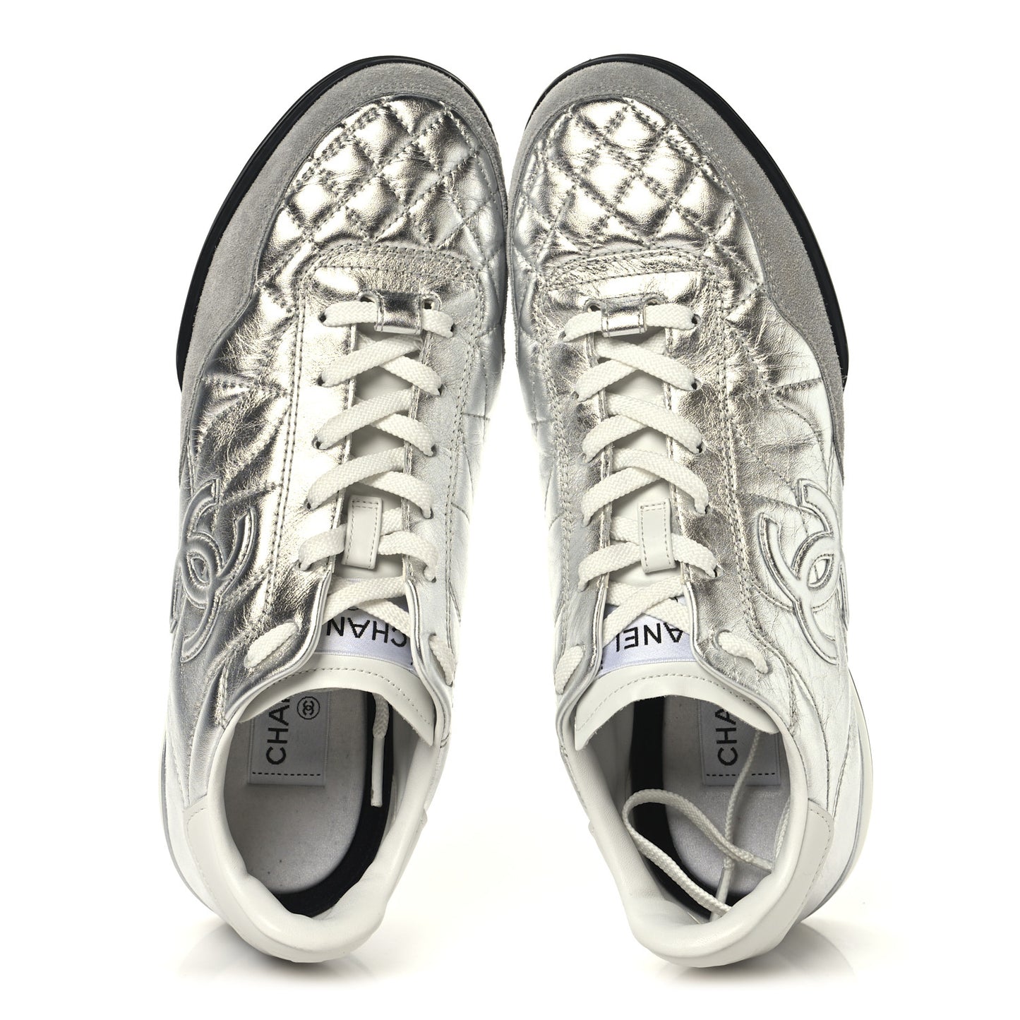 Laminated Calfskin Suede Quilted Womens CC Sneakers 41 Silver White Gray