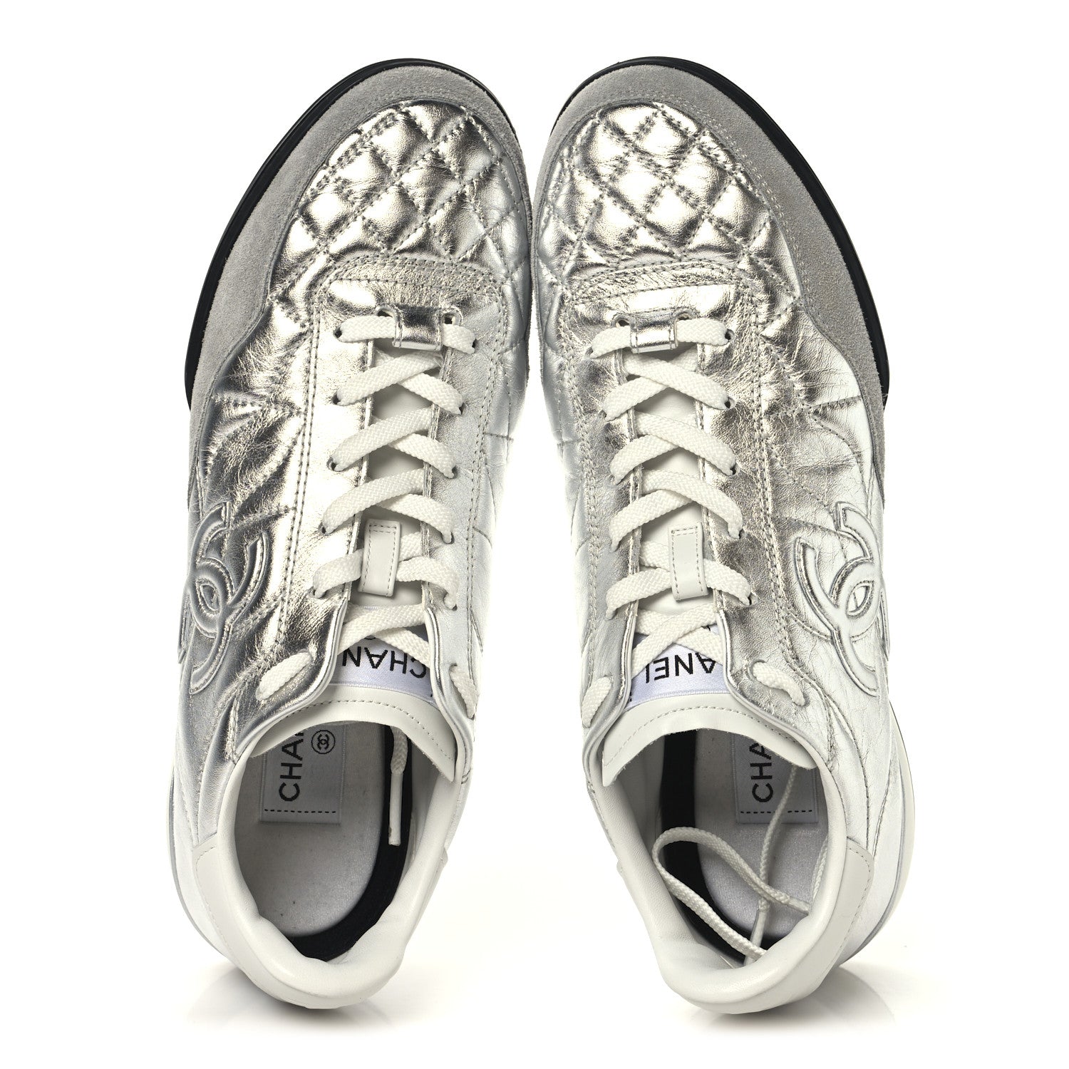 Chanel Laminated Calfskin Suede Quilted Womens CC Sneakers 41 Silver White Gray 2 of 8