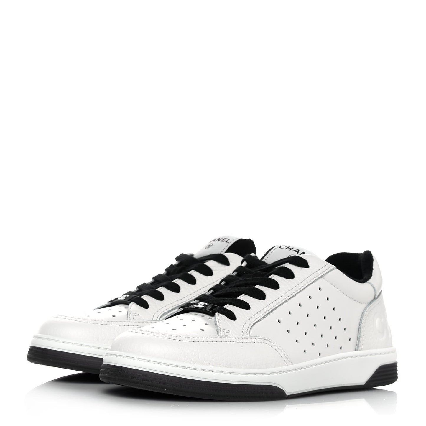 Grained Calfskin Fabric Womens Logo Sneakers 38.5 White Black