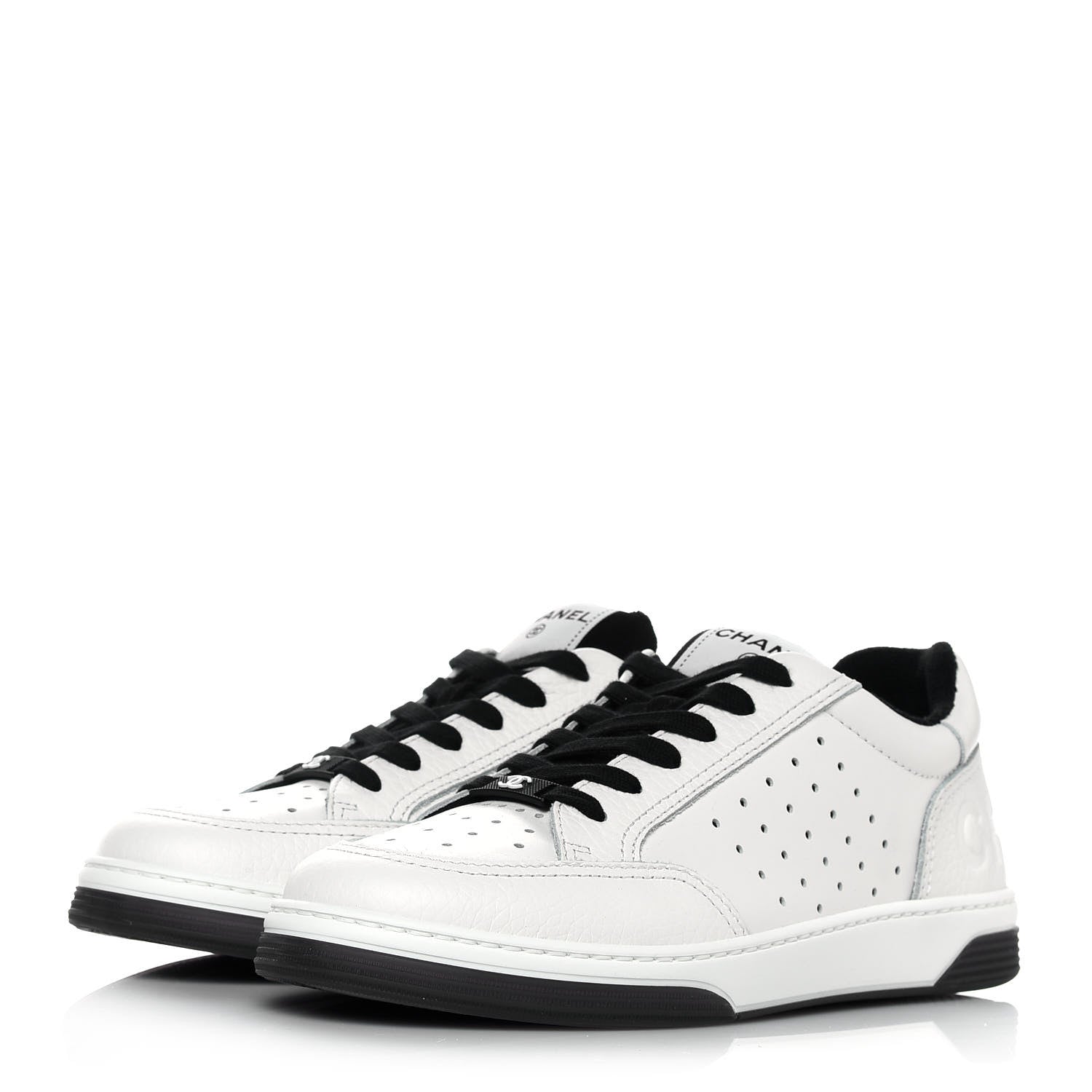 Chanel Grained Calfskin Fabric Womens Logo Sneakers 38.5 White Black 3 of 10