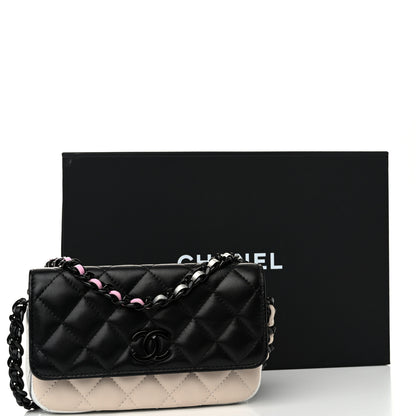 Chanel Lambskin Quilted Flap Phone Holder With Chain  Black Beige Multicolor 13 of 13