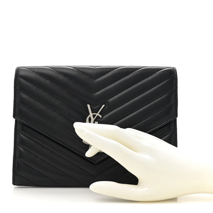 Saint Laurent Lambskin Matelasse Chevron Monogram Cassandre Flap Pouch Navy 2 of 8