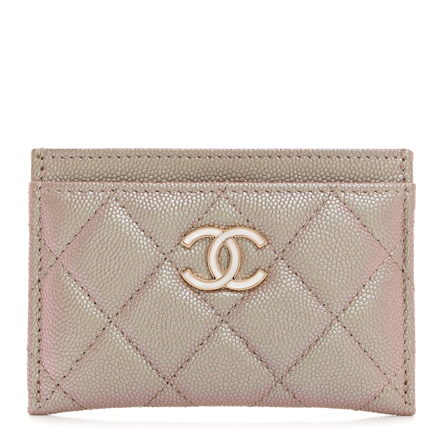 Iridescent Caviar Quilted Card Holder Beige