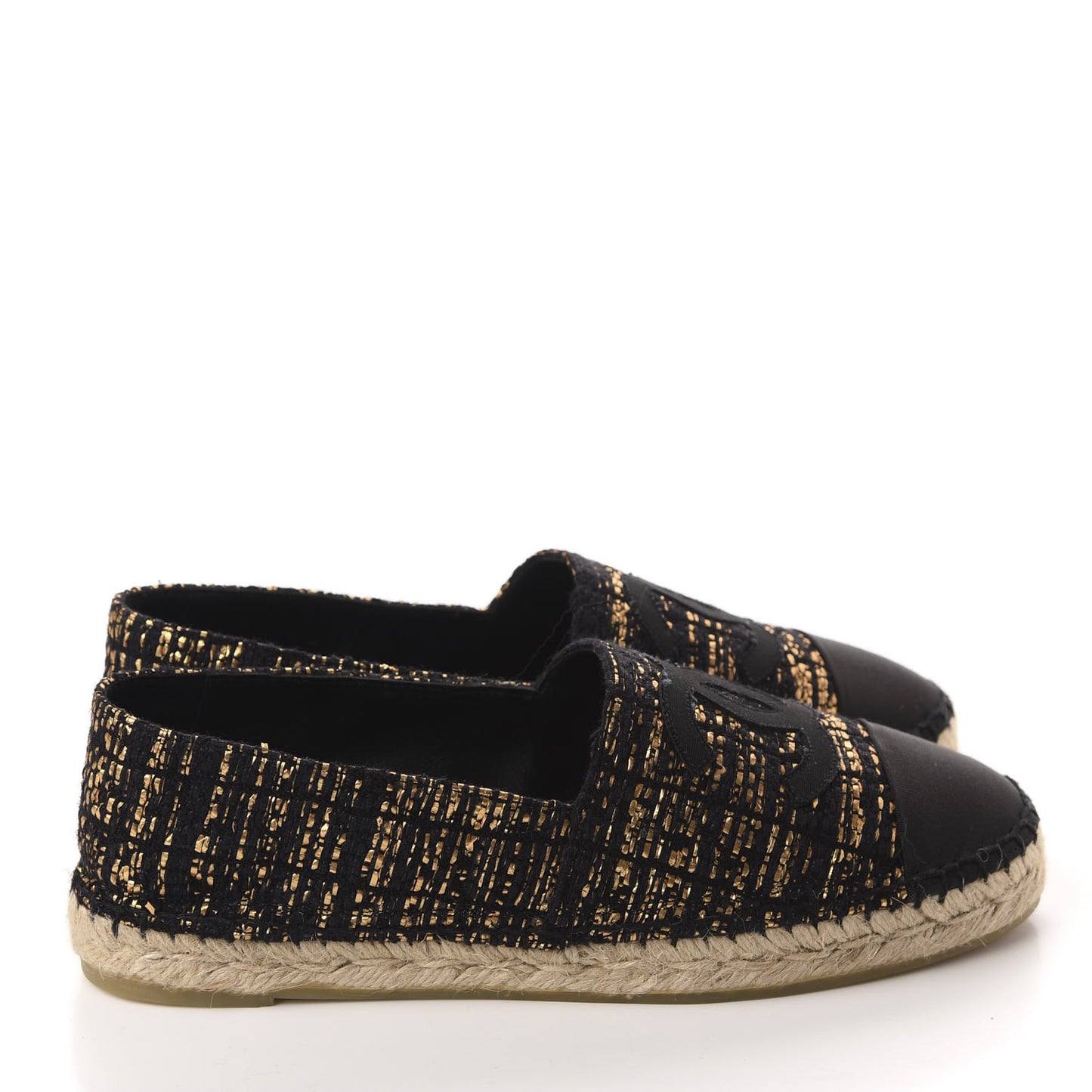 Metallic Tweed Grosgrain CC Espadrilles 40 Black Gold