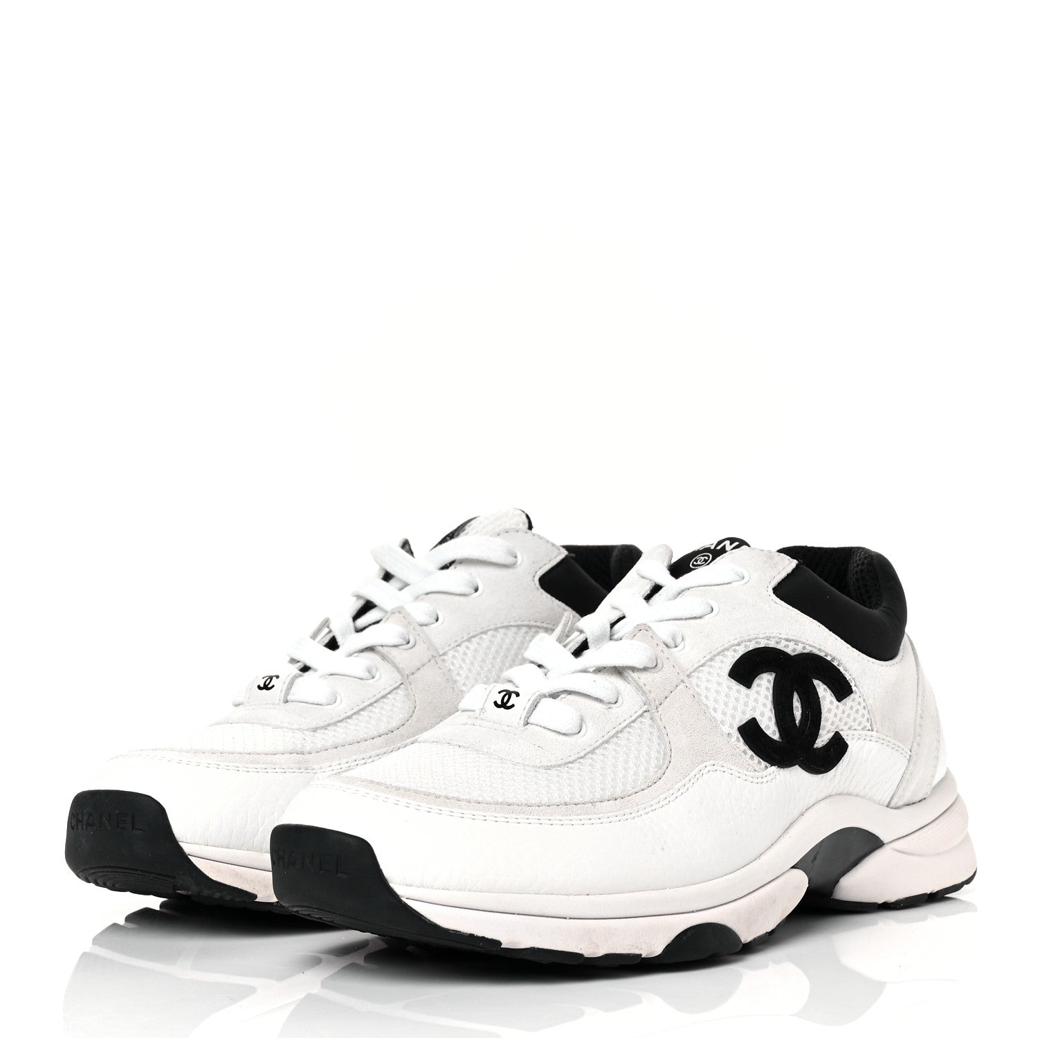 Chanel Mesh Suede Calfskin Grained Calfskin Womens CC Sneakers 39.5 White Black 3 of 8