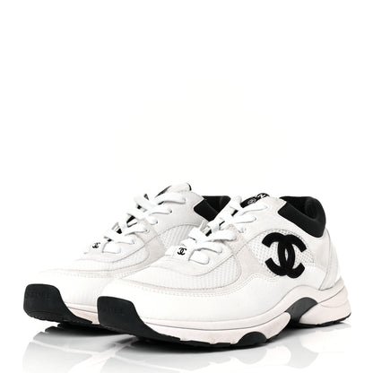 Chanel Mesh Suede Calfskin Grained Calfskin Womens CC Sneakers 39.5 White Black 3 of 8
