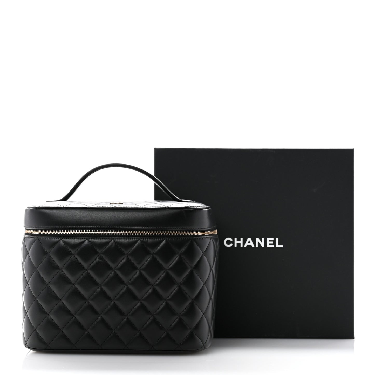 Lambskin Quilted Large Vanity Pouch Black