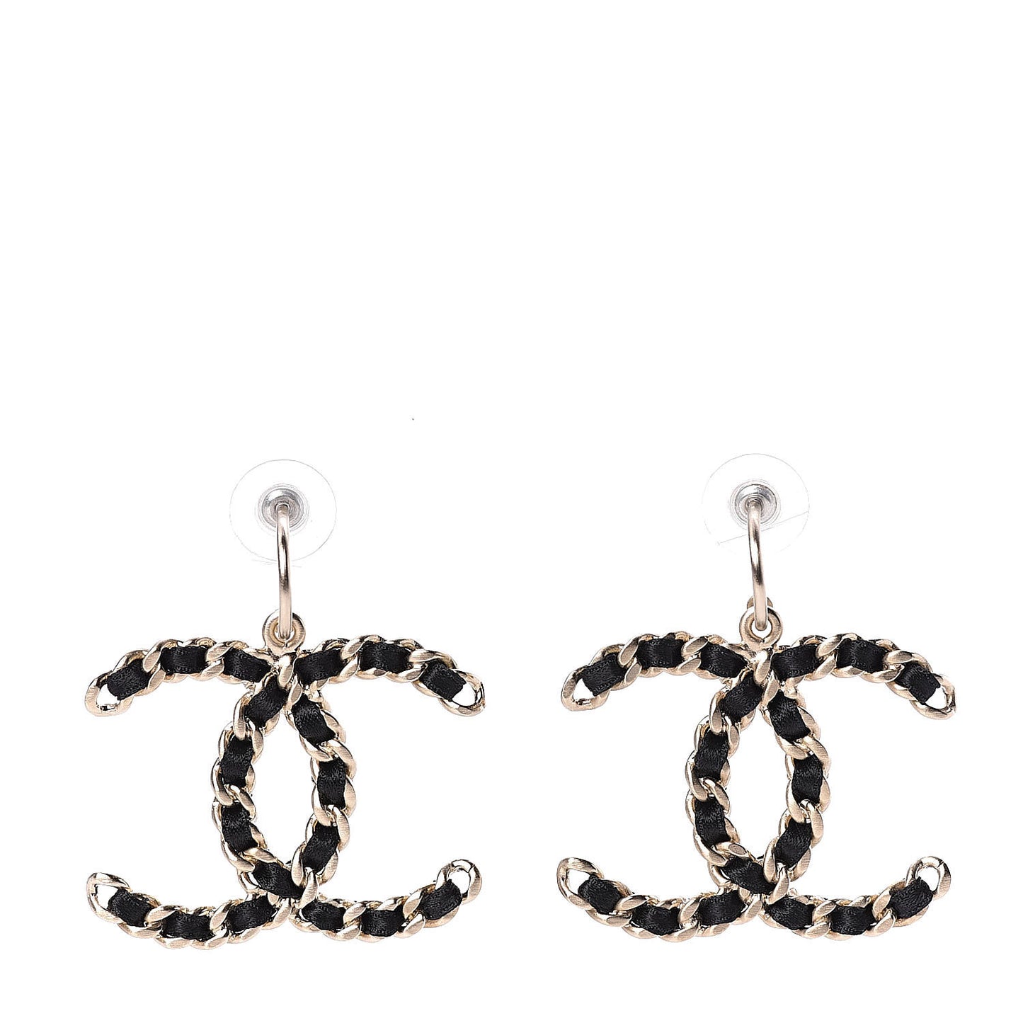Satin CC Chain Earrings Light Gold Black