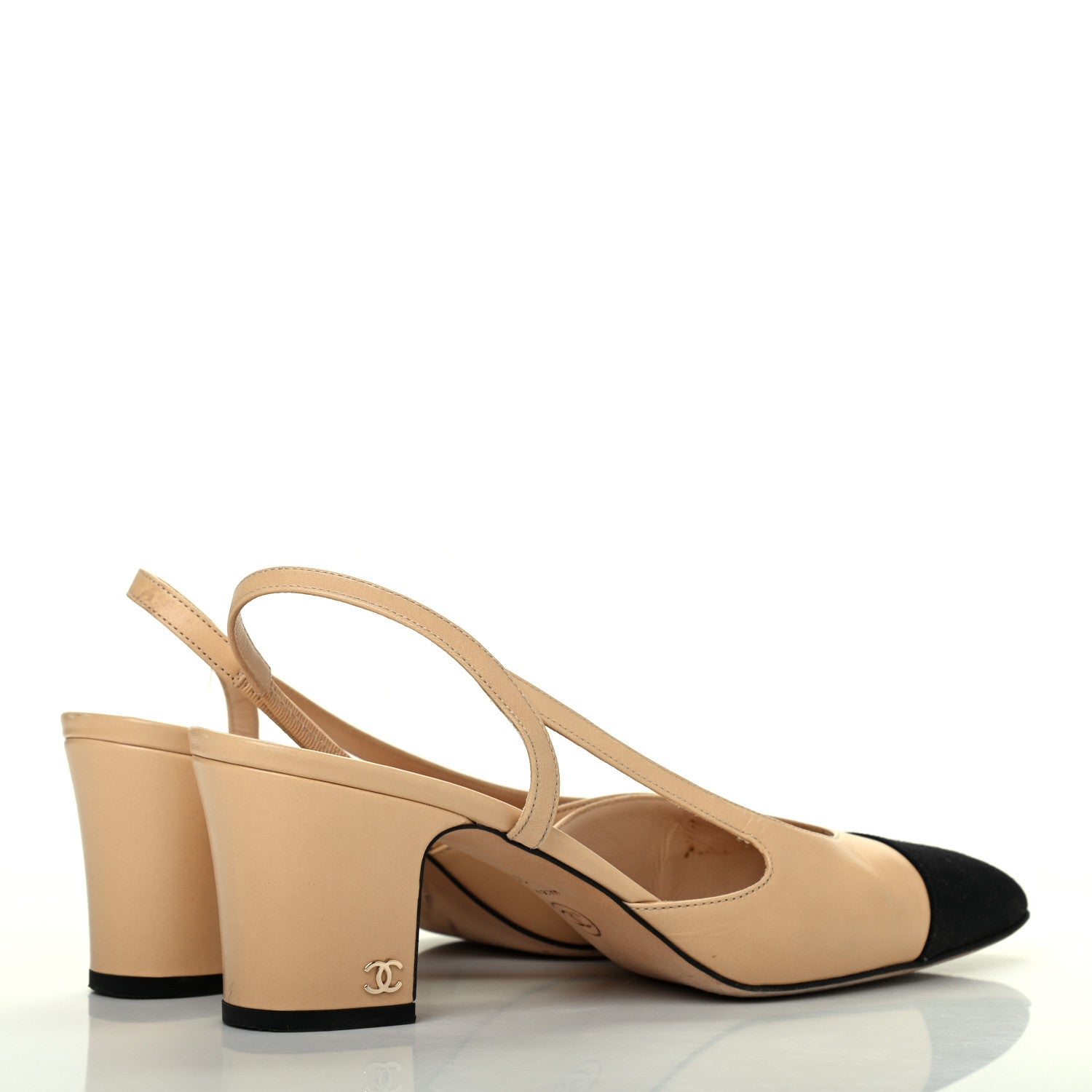 Chanel Goatskin Grosgrain Cap Toe CC Slingback Pumps 39 Beige Black 4 of 16