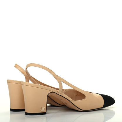 Chanel Goatskin Grosgrain Cap Toe CC Slingback Pumps 39 Beige Black 4 of 16