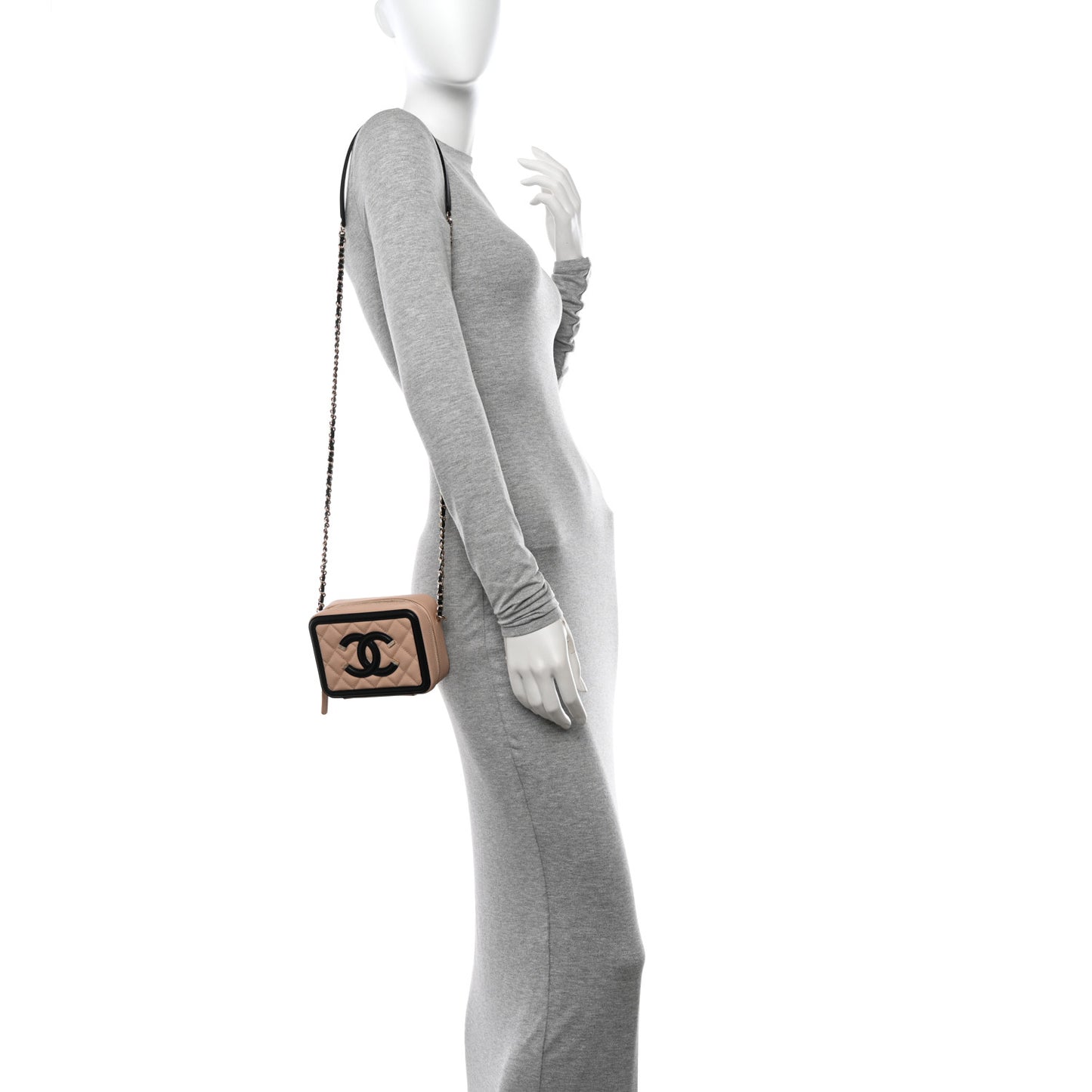 Caviar Quilted CC Filigree Vanity Clutch With Chain Beige Black