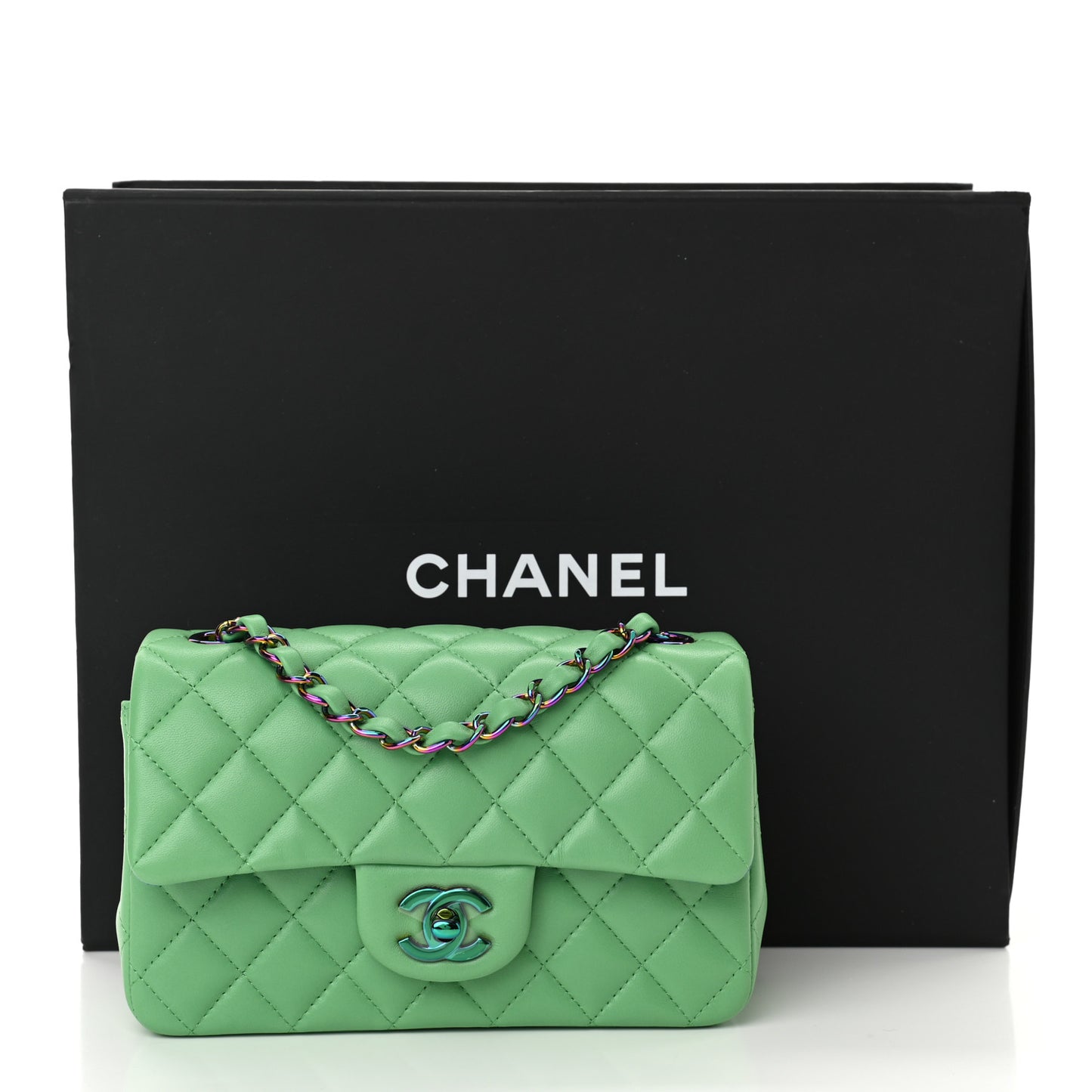 Lambskin Quilted Mini Rectangular Flap Green Blue