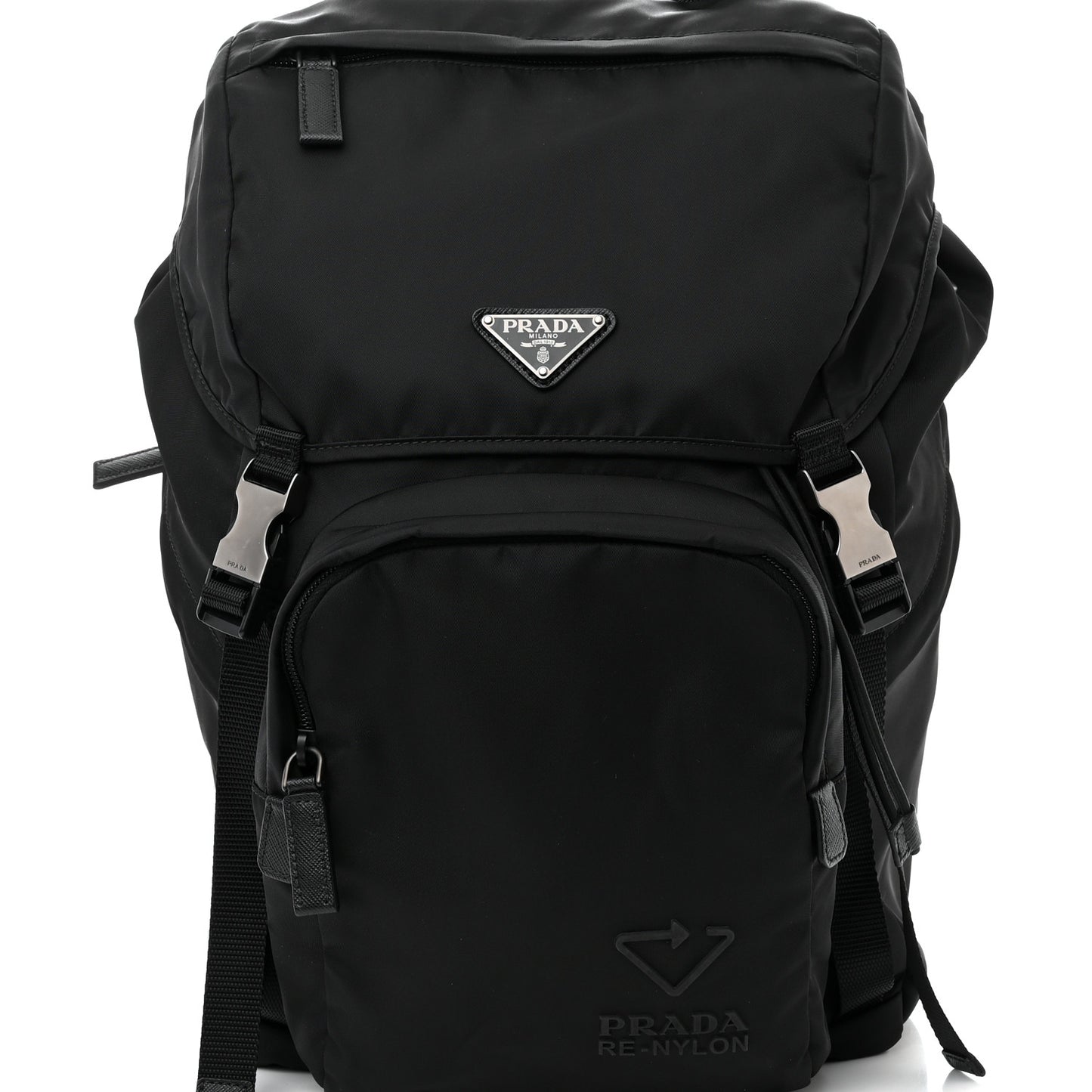 Re-Nylon Saffiano Logo Double Buckle Backpack Black