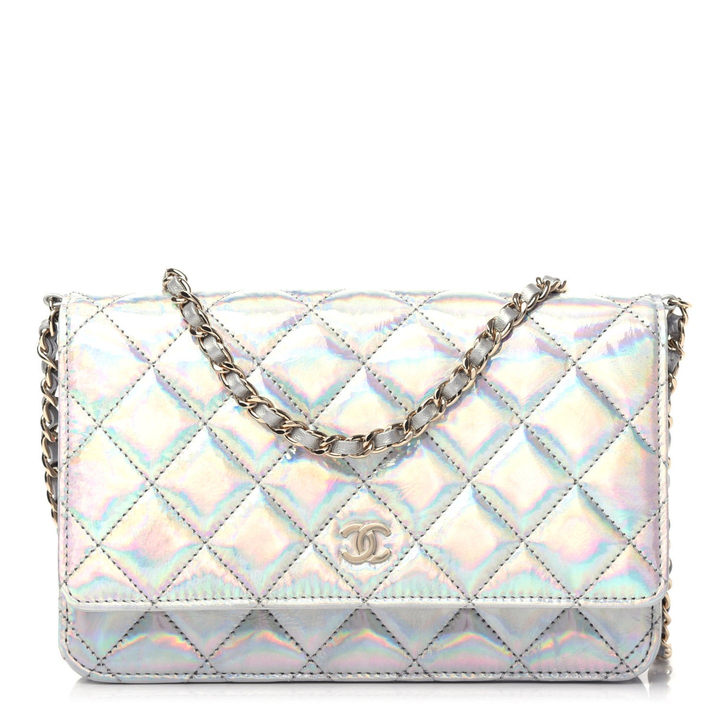 Iridescent Goatskin Quilted Wallet On Chain WOC Silver