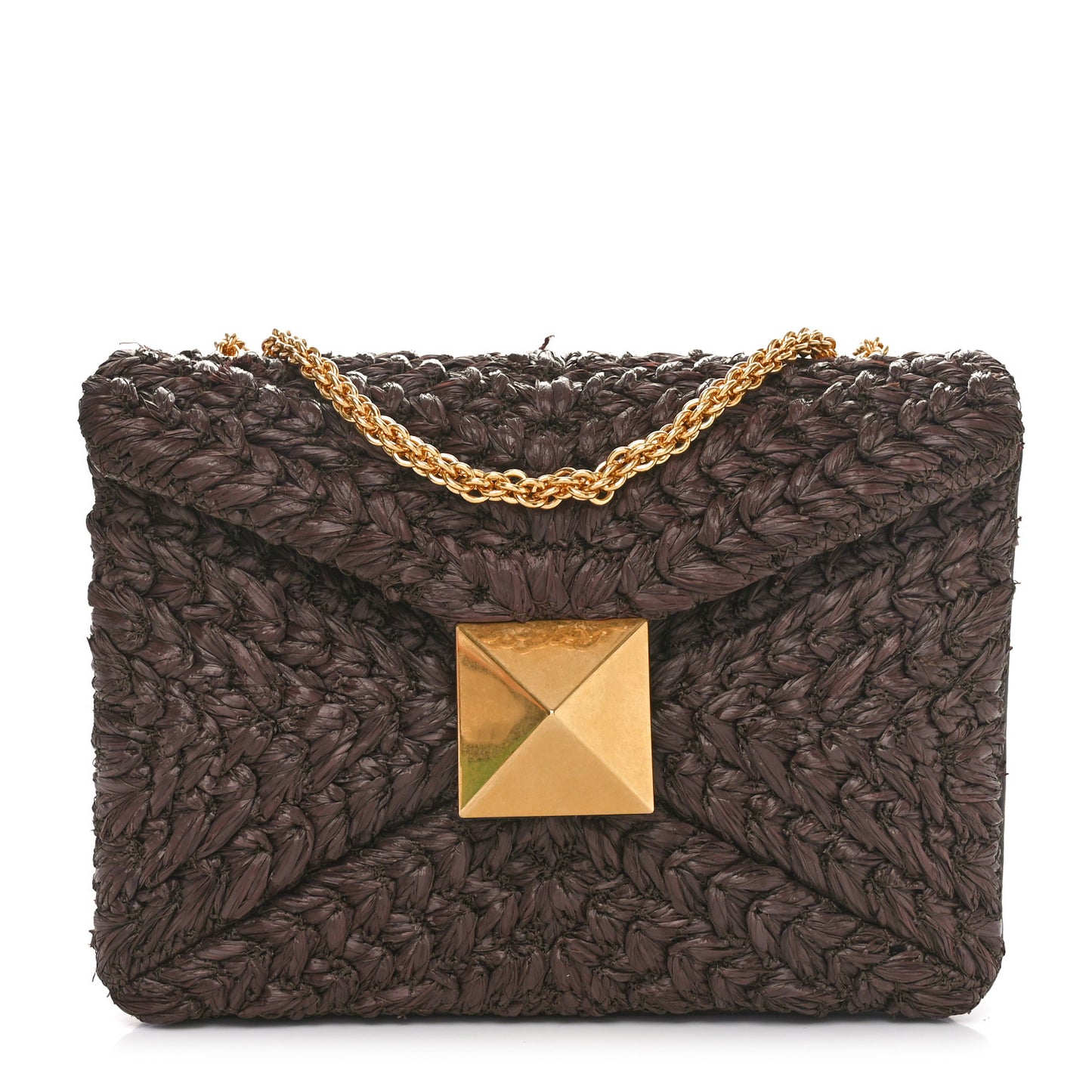 Raffia One Stud Chain Clutch Dark Brown