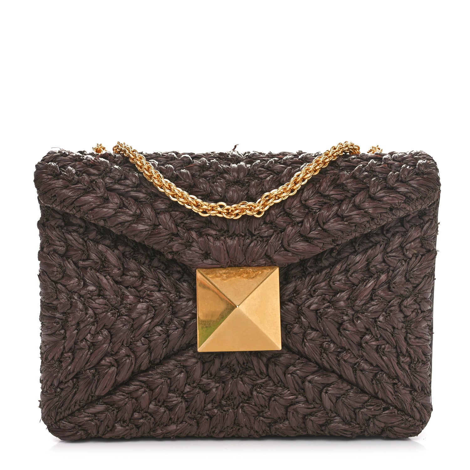 Valentino Garavani Raffia One Stud Chain Clutch Dark Brown 1 of 9