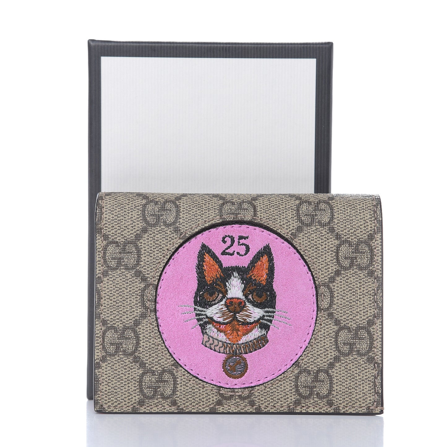 GG Supreme Monogram Bosco Patch Card Case Wallet Beige Malva Hibiscus Red