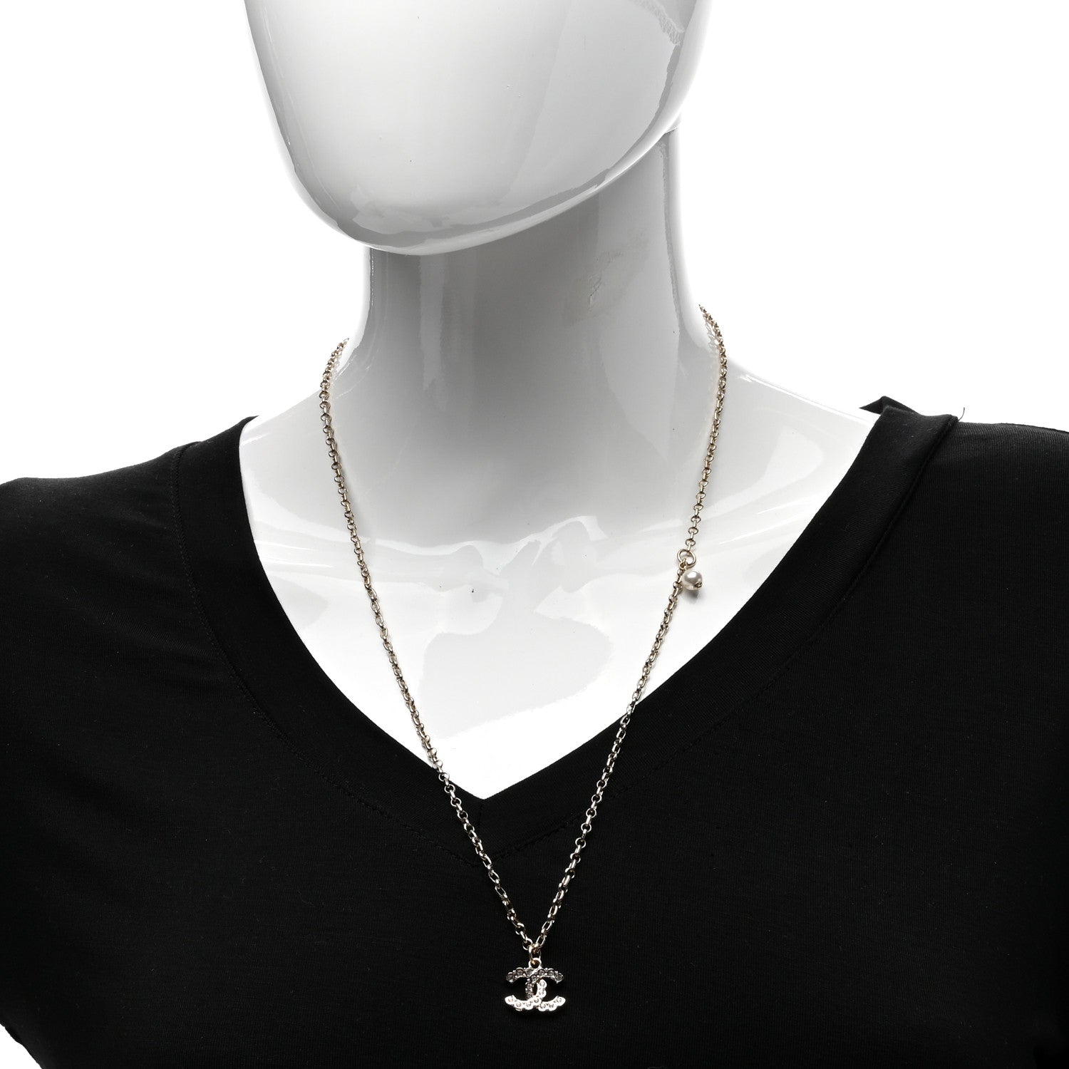 Chanel Metal Pearl Crystal CC Textured Pendant Necklace Gold 2 of 4