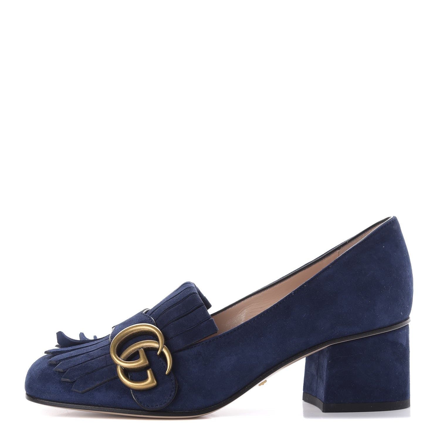 Gucci Kid Scamosciato GG Marmont Fringe 50mm Loafer Pumps 35 Blue Ink 1 of 10
