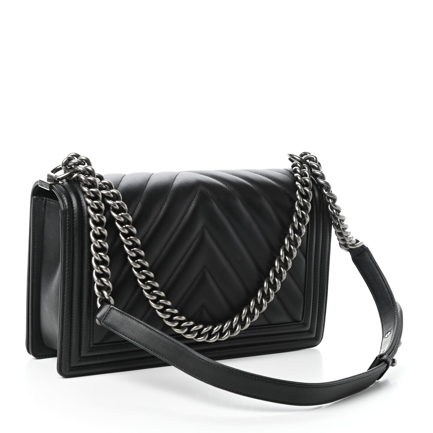 Calfskin Chevron Quilted New Medium Boy Flap Black