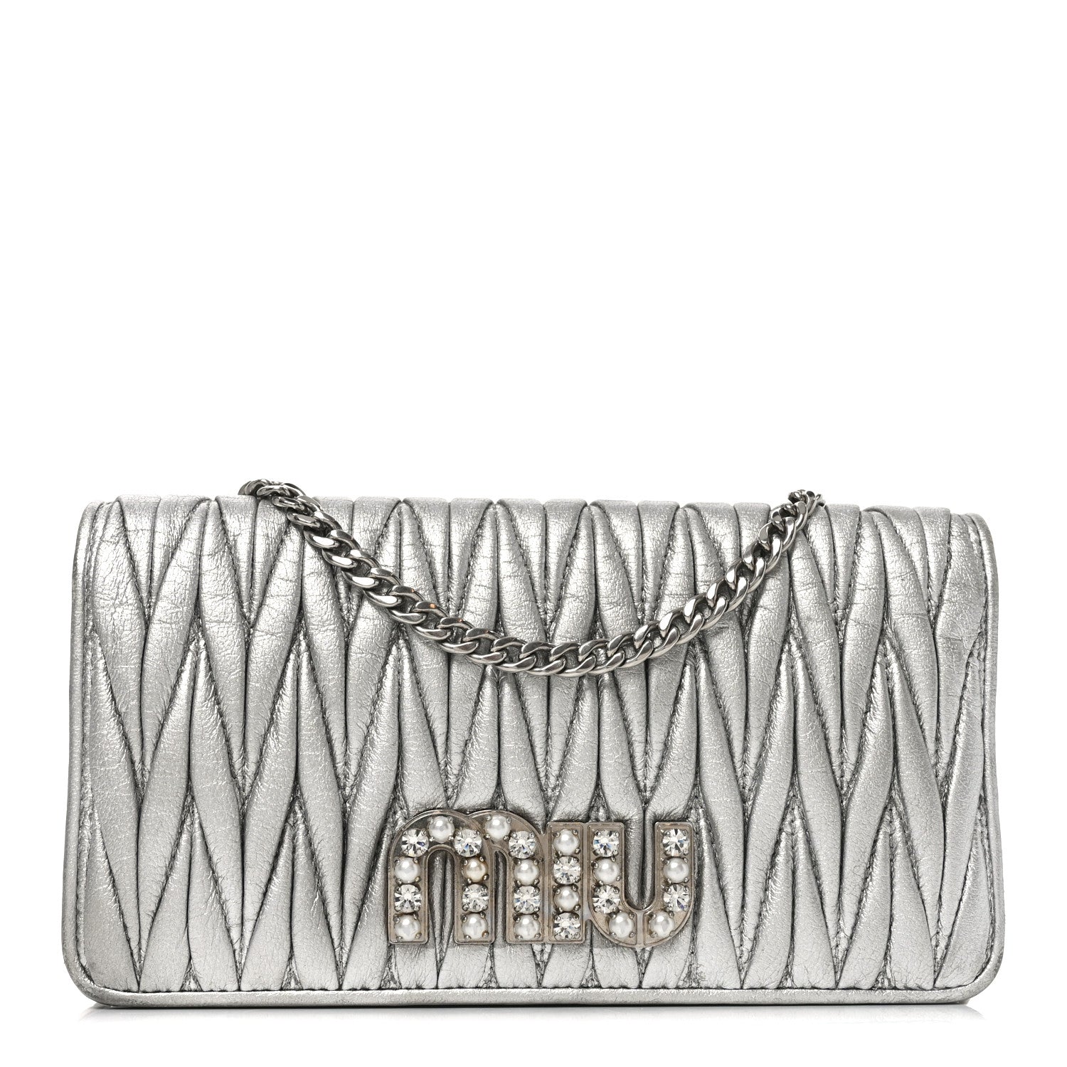 Miu Miu Metallic Nappa Matelasse Chain Crossbody Silver 1890598