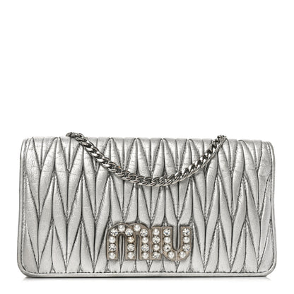 Miu Miu Metallic Nappa Matelasse Chain Crossbody Silver 1 of 9