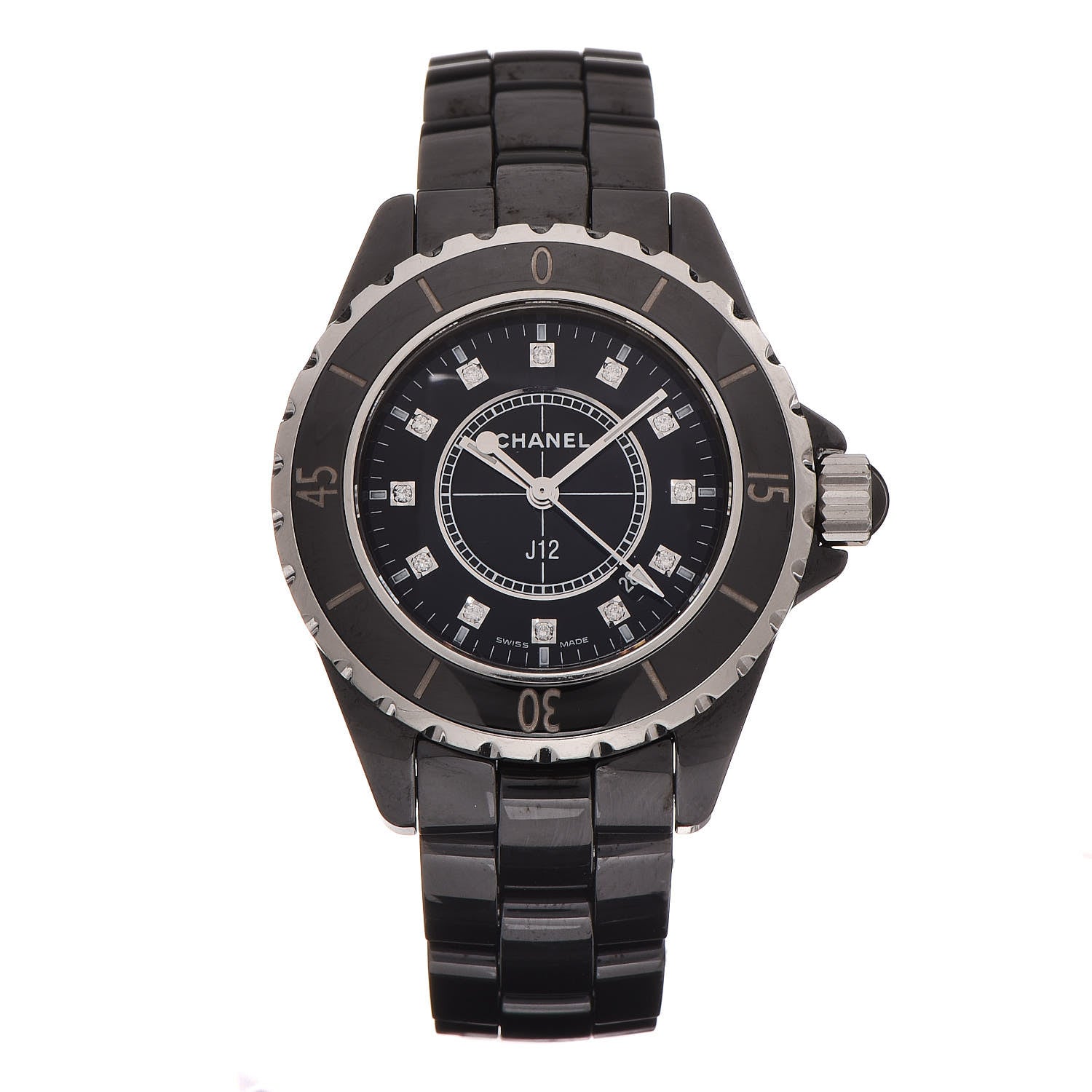Chanel Stainless Steel Ceramic Diamond 33mm J12 Quartz Watch Black 1 of 6