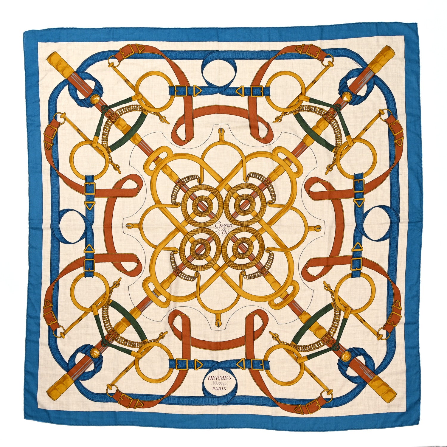 Hermes Cashmere Silk Eperon D'Or Shawl 140 Bleu Cobalt Naturel Vieil Or 1 of 6