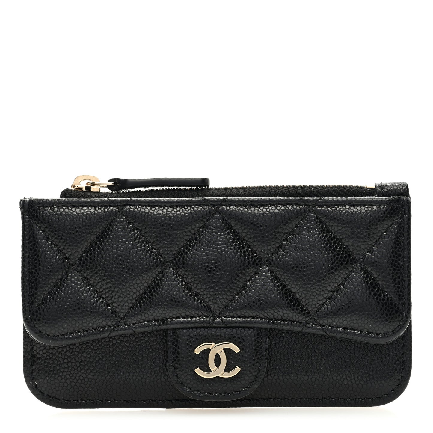 Caviar Quilted Flap Zip Card Holder Black
