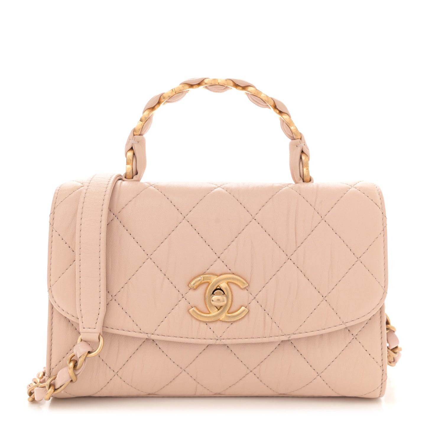 Crumpled Lambskin Quilted Mini CC Links Top Handle Flap Beige