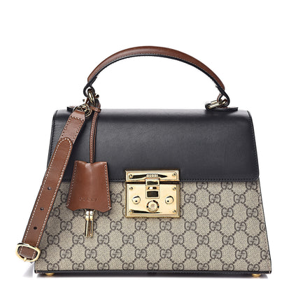 Gucci GG Supreme Monogram Calfskin Small Padlock Top Handle Bag Beige Black Cuir 1 of 13