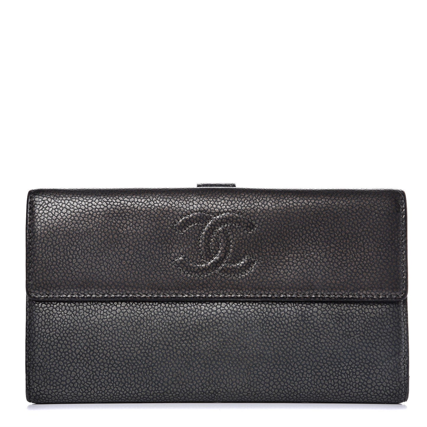 Metallic Caviar Timeless CC Large Gusset Flap Wallet Dark Silver